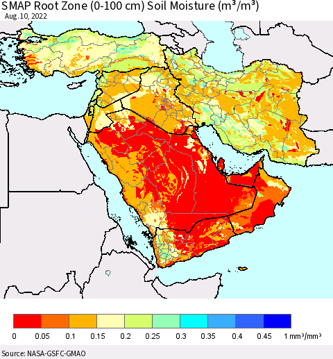 Middle East and Turkey SMAP Root Zone (0-100 cm) Soil Moisture (m³/m³) Thematic Map For 8/6/2022 - 8/10/2022