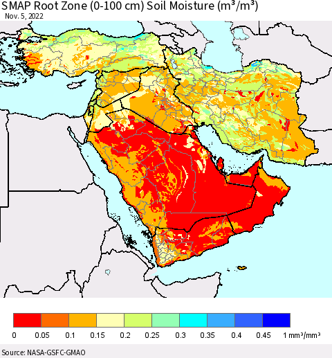 Middle East and Turkey SMAP Root Zone (0-100 cm) Soil Moisture (m³/m³) Thematic Map For 11/1/2022 - 11/5/2022