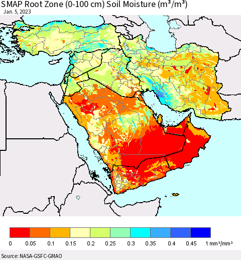 Middle East and Turkey SMAP Root Zone (0-100 cm) Soil Moisture (m³/m³) Thematic Map For 1/1/2023 - 1/5/2023