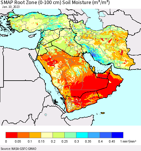 Middle East and Turkey SMAP Root Zone (0-100 cm) Soil Moisture (m³/m³) Thematic Map For 1/6/2023 - 1/10/2023