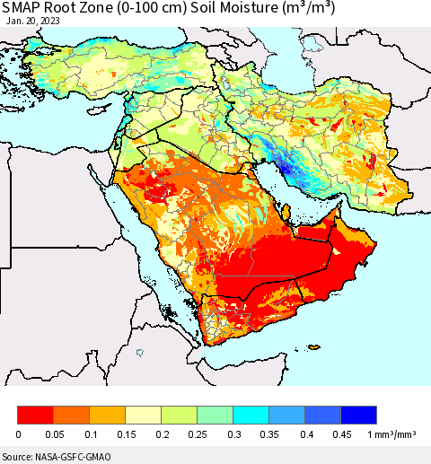 Middle East and Turkey SMAP Root Zone (0-100 cm) Soil Moisture (m³/m³) Thematic Map For 1/16/2023 - 1/20/2023