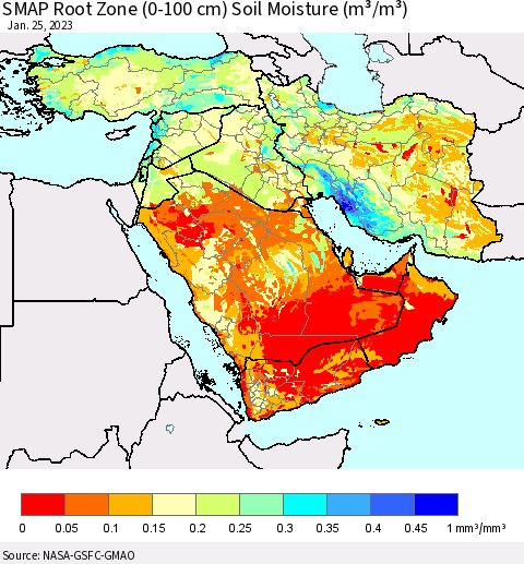 Middle East and Turkey SMAP Root Zone (0-100 cm) Soil Moisture (m³/m³) Thematic Map For 1/21/2023 - 1/25/2023