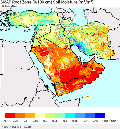 Middle East and Turkey SMAP Root Zone (0-100 cm) Soil Moisture (m³/m³) Thematic Map For 1/26/2023 - 1/31/2023