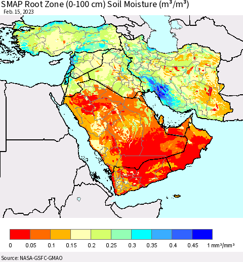 Middle East and Turkey SMAP Root Zone (0-100 cm) Soil Moisture (m³/m³) Thematic Map For 2/11/2023 - 2/15/2023