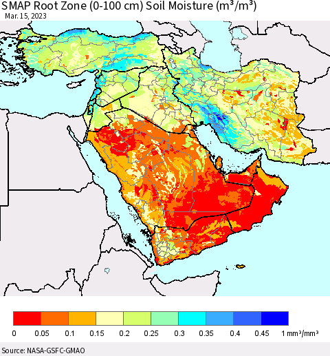 Middle East and Turkey SMAP Root Zone (0-100 cm) Soil Moisture (m³/m³) Thematic Map For 3/11/2023 - 3/15/2023