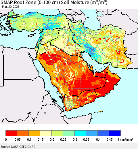 Middle East and Turkey SMAP Root Zone (0-100 cm) Soil Moisture (m³/m³) Thematic Map For 3/16/2023 - 3/20/2023