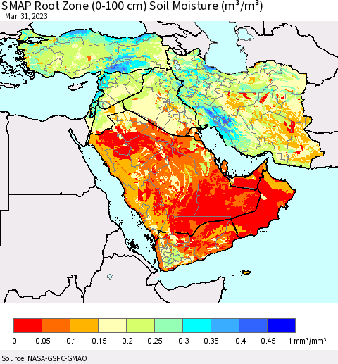 Middle East and Turkey SMAP Root Zone (0-100 cm) Soil Moisture (m³/m³) Thematic Map For 3/26/2023 - 3/31/2023