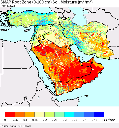 Middle East and Turkey SMAP Root Zone (0-100 cm) Soil Moisture (m³/m³) Thematic Map For 4/1/2023 - 4/5/2023