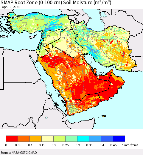 Middle East and Turkey SMAP Root Zone (0-100 cm) Soil Moisture (m³/m³) Thematic Map For 4/6/2023 - 4/10/2023