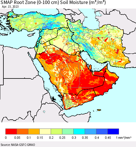Middle East and Turkey SMAP Root Zone (0-100 cm) Soil Moisture (m³/m³) Thematic Map For 4/11/2023 - 4/15/2023