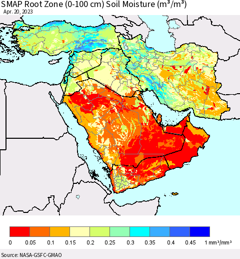 Middle East and Turkey SMAP Root Zone (0-100 cm) Soil Moisture (m³/m³) Thematic Map For 4/16/2023 - 4/20/2023