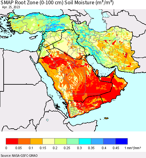 Middle East and Turkey SMAP Root Zone (0-100 cm) Soil Moisture (m³/m³) Thematic Map For 4/21/2023 - 4/25/2023