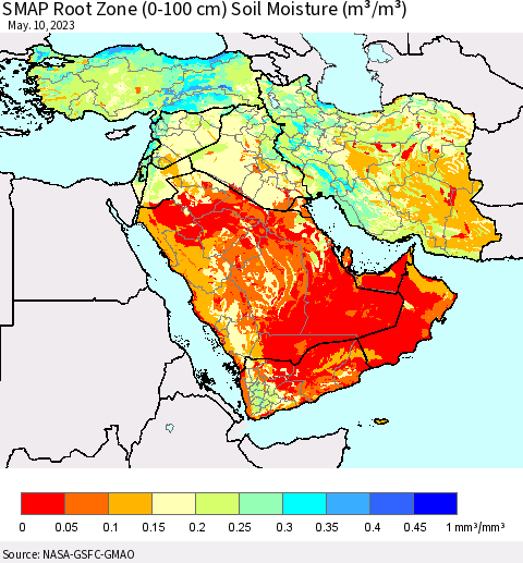 Middle East and Turkey SMAP Root Zone (0-100 cm) Soil Moisture (m³/m³) Thematic Map For 5/6/2023 - 5/10/2023