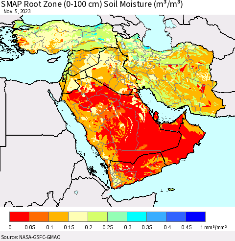 Middle East and Turkey SMAP Root Zone (0-100 cm) Soil Moisture (m³/m³) Thematic Map For 11/1/2023 - 11/5/2023