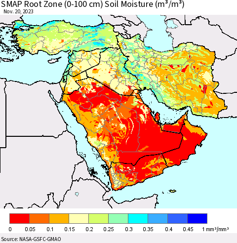 Middle East and Turkey SMAP Root Zone (0-100 cm) Soil Moisture (m³/m³) Thematic Map For 11/16/2023 - 11/20/2023