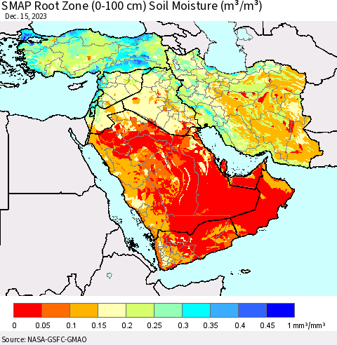 Middle East and Turkey SMAP Root Zone (0-100 cm) Soil Moisture (m³/m³) Thematic Map For 12/11/2023 - 12/15/2023