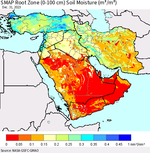Middle East and Turkey SMAP Root Zone (0-100 cm) Soil Moisture (m³/m³) Thematic Map For 12/26/2023 - 12/31/2023