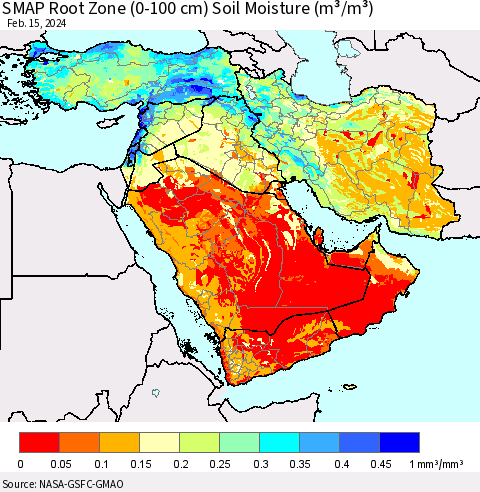 Middle East and Turkey SMAP Root Zone (0-100 cm) Soil Moisture (m³/m³) Thematic Map For 2/11/2024 - 2/15/2024