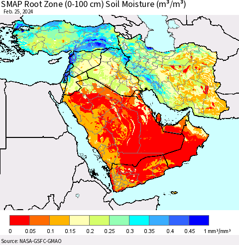 Middle East and Turkey SMAP Root Zone (0-100 cm) Soil Moisture (m³/m³) Thematic Map For 2/21/2024 - 2/25/2024