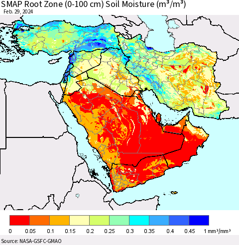 Middle East and Turkey SMAP Root Zone (0-100 cm) Soil Moisture (m³/m³) Thematic Map For 2/26/2024 - 2/29/2024