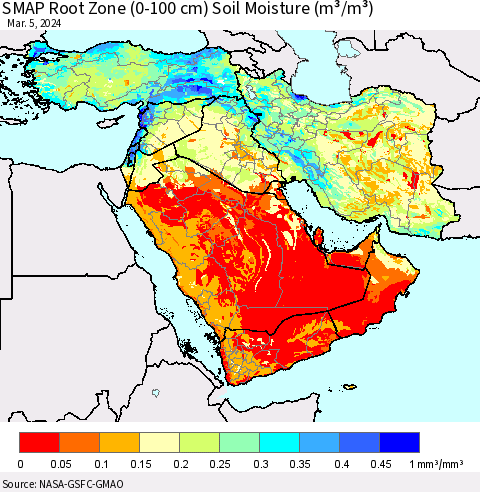 Middle East and Turkey SMAP Root Zone (0-100 cm) Soil Moisture (m³/m³) Thematic Map For 3/1/2024 - 3/5/2024