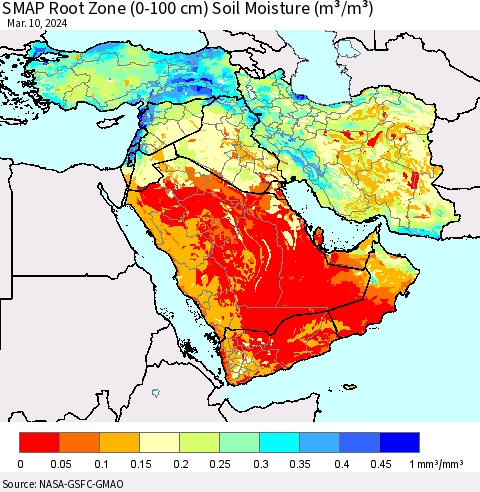 Middle East and Turkey SMAP Root Zone (0-100 cm) Soil Moisture (m³/m³) Thematic Map For 3/6/2024 - 3/10/2024