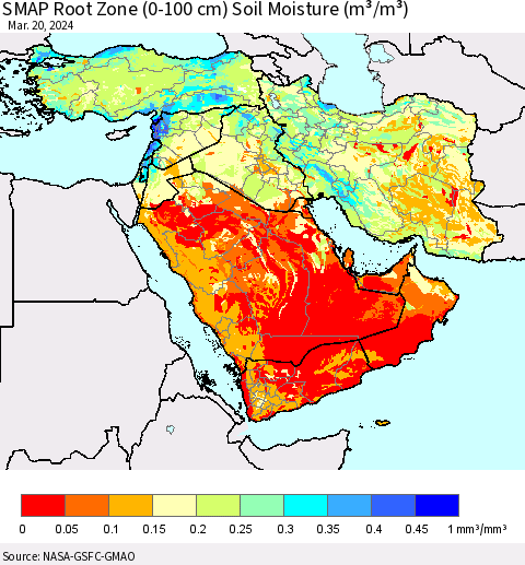 Middle East and Turkey SMAP Root Zone (0-100 cm) Soil Moisture (m³/m³) Thematic Map For 3/16/2024 - 3/20/2024