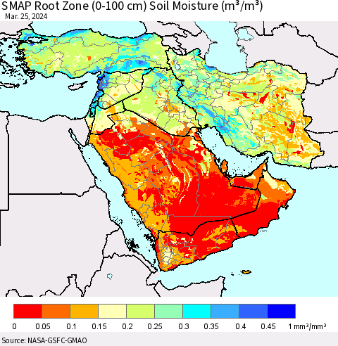 Middle East and Turkey SMAP Root Zone (0-100 cm) Soil Moisture (m³/m³) Thematic Map For 3/21/2024 - 3/25/2024