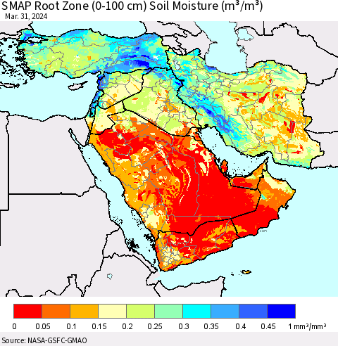 Middle East and Turkey SMAP Root Zone (0-100 cm) Soil Moisture (m³/m³) Thematic Map For 3/26/2024 - 3/31/2024