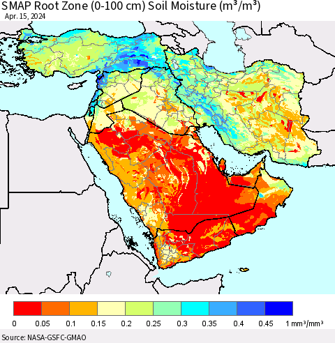 Middle East and Turkey SMAP Root Zone (0-100 cm) Soil Moisture (m³/m³) Thematic Map For 4/11/2024 - 4/15/2024
