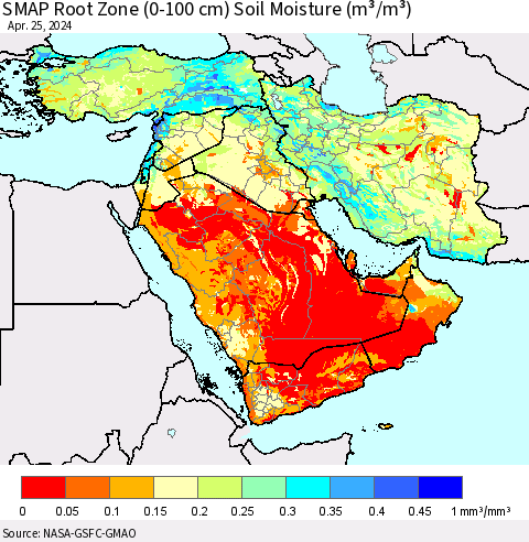 Middle East and Turkey SMAP Root Zone (0-100 cm) Soil Moisture (m³/m³) Thematic Map For 4/21/2024 - 4/25/2024