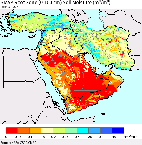 Middle East and Turkey SMAP Root Zone (0-100 cm) Soil Moisture (m³/m³) Thematic Map For 4/26/2024 - 4/30/2024