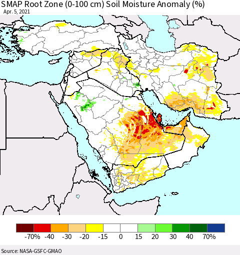 Middle East and Turkey SMAP Root Zone (0-100 cm) Soil Moisture Anomaly (%) Thematic Map For 4/1/2021 - 4/5/2021