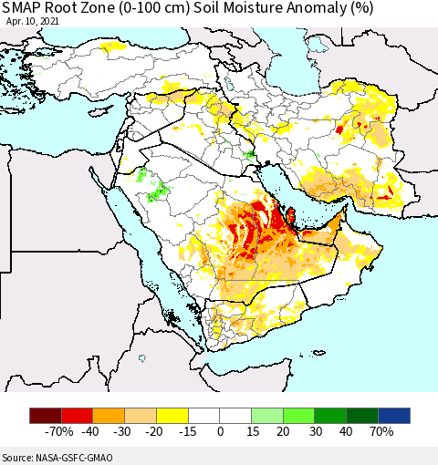 Middle East and Turkey SMAP Root Zone (0-100 cm) Soil Moisture Anomaly (%) Thematic Map For 4/6/2021 - 4/10/2021
