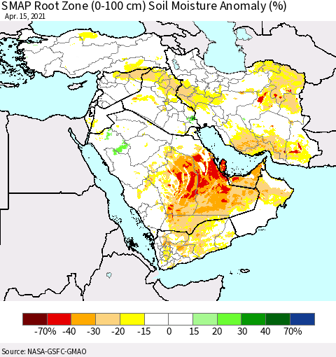 Middle East and Turkey SMAP Root Zone (0-100 cm) Soil Moisture Anomaly (%) Thematic Map For 4/11/2021 - 4/15/2021