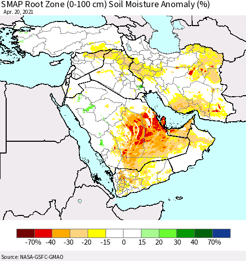 Middle East and Turkey SMAP Root Zone (0-100 cm) Soil Moisture Anomaly (%) Thematic Map For 4/16/2021 - 4/20/2021