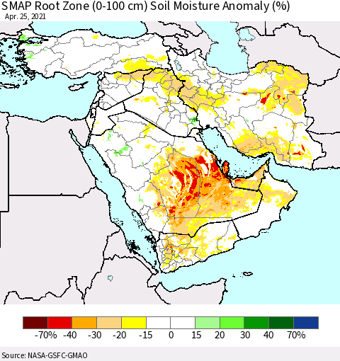 Middle East and Turkey SMAP Root Zone (0-100 cm) Soil Moisture Anomaly (%) Thematic Map For 4/21/2021 - 4/25/2021