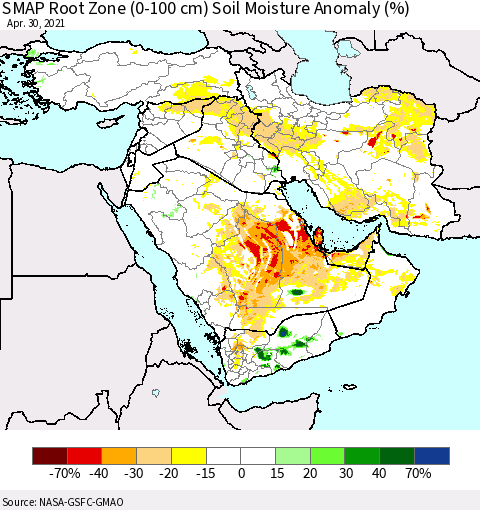 Middle East and Turkey SMAP Root Zone (0-100 cm) Soil Moisture Anomaly (%) Thematic Map For 4/26/2021 - 4/30/2021