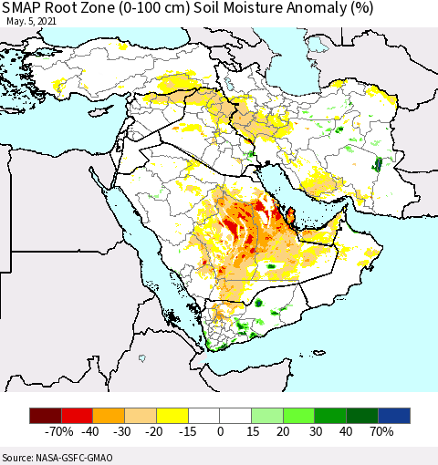Middle East and Turkey SMAP Root Zone (0-100 cm) Soil Moisture Anomaly (%) Thematic Map For 5/1/2021 - 5/5/2021