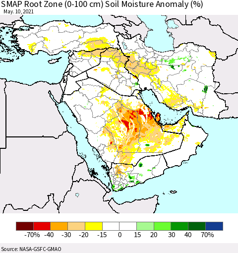 Middle East and Turkey SMAP Root Zone (0-100 cm) Soil Moisture Anomaly (%) Thematic Map For 5/6/2021 - 5/10/2021