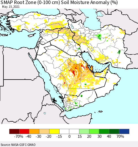 Middle East and Turkey SMAP Root Zone (0-100 cm) Soil Moisture Anomaly (%) Thematic Map For 5/11/2021 - 5/15/2021