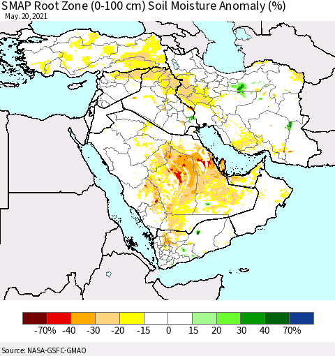 Middle East and Turkey SMAP Root Zone (0-100 cm) Soil Moisture Anomaly (%) Thematic Map For 5/16/2021 - 5/20/2021