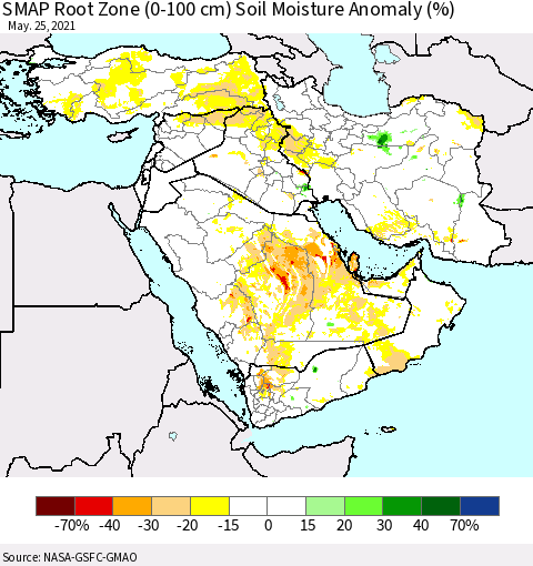 Middle East and Turkey SMAP Root Zone (0-100 cm) Soil Moisture Anomaly (%) Thematic Map For 5/21/2021 - 5/25/2021