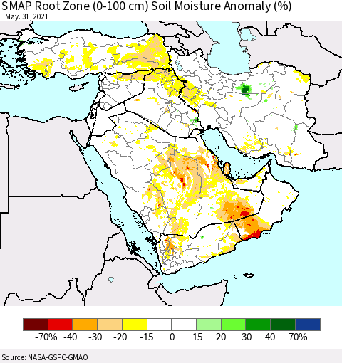 Middle East and Turkey SMAP Root Zone (0-100 cm) Soil Moisture Anomaly (%) Thematic Map For 5/26/2021 - 5/31/2021