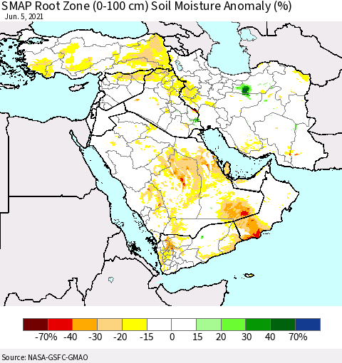 Middle East and Turkey SMAP Root Zone (0-100 cm) Soil Moisture Anomaly (%) Thematic Map For 6/1/2021 - 6/5/2021