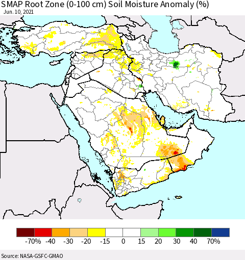 Middle East and Turkey SMAP Root Zone (0-100 cm) Soil Moisture Anomaly (%) Thematic Map For 6/6/2021 - 6/10/2021