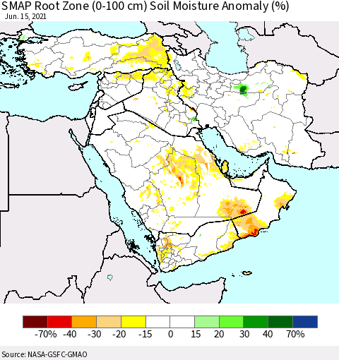 Middle East and Turkey SMAP Root Zone (0-100 cm) Soil Moisture Anomaly (%) Thematic Map For 6/11/2021 - 6/15/2021
