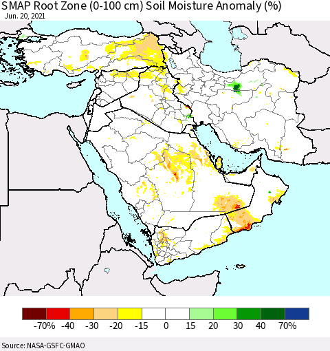 Middle East and Turkey SMAP Root Zone (0-100 cm) Soil Moisture Anomaly (%) Thematic Map For 6/16/2021 - 6/20/2021