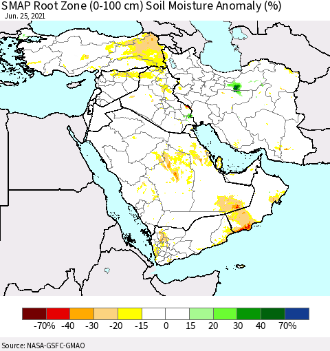 Middle East and Turkey SMAP Root Zone (0-100 cm) Soil Moisture Anomaly (%) Thematic Map For 6/21/2021 - 6/25/2021