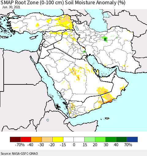 Middle East and Turkey SMAP Root Zone (0-100 cm) Soil Moisture Anomaly (%) Thematic Map For 6/26/2021 - 6/30/2021